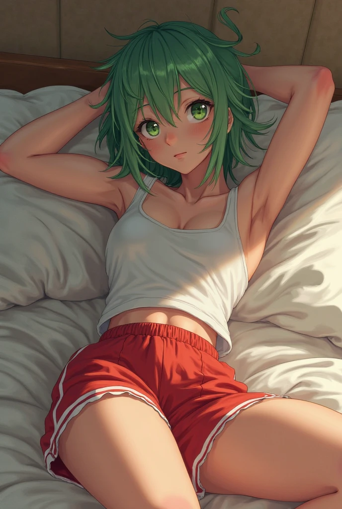 masterpiece, best quality, 1girl, solo, breasts, looking_a t_viewer, blush, medium_breasts, full_body, lying, on _back, armpits, arms_up, covered_navel, bed _sheet,, bedroom background, long t-shirt, green hair, (tatsumaki: 1.7)