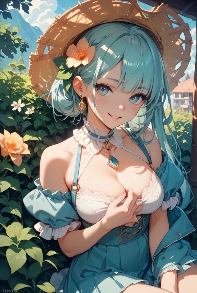 anime girl,((blue hair)),beautiful face,smiling, fit body, big wet breast,wearing receptionist dress, ,illustration,detailed textures,ultra-detailed(realistic),portrait style,vivid colors,soft lighting. blue hair human girl , small girl, one girl, blue wedding dress, face on camera, tight shirt, show large chest, dark isekai, shy girl, pitiful face, face forward to camera, bent pose, asking pose, pink cheeks, half body, body on big chain, smile, blue eyes, no nails, pink blushes, lying on grass, very big breast, cleavage, wet breast, leg_up, lot of iron chains, anime girl leans forward, looking at viewer, slave collar necklace seductive anime girl, 8k octae render photo, cushart krenz key art feminine, 8k high quality detailed art, a sexy wedding dress,anime girl laying on the ground with green hair and green eyes, anime girl, seductive anime girl, attractive anime girl, beautiful alluring anime woman, top rated on pixiv, beautiful anime girl, beautiful alluring anime teen, anime goddess, detailed anime artwork, trending on artstation pixiv, sexy girl with green eyes, extremely detailed artgerm, guweiz