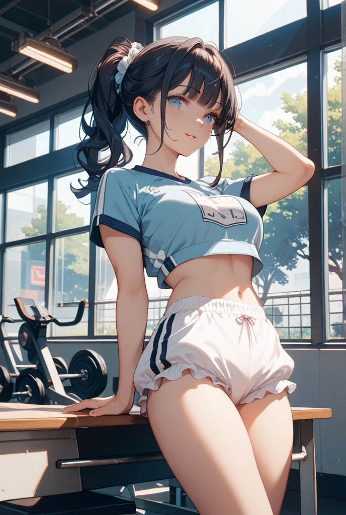 Anime Kawaii sexy Perfect Slim sensual body large breast and huge thighs, An intricate and highly detailed illustration of anime (Young girl). standing alone、high school girl、Caucasian skin、Make-up natural、Bblack hair、bangss、long straight hair、(((White short sleeve upper body t-shirt)))、(((Long, white workout clothes)))、(((Very tight bloomers)))、(((Marine Blooms)))、(((Tuck the bottom of your gym clothes into your shorts)))、breasts big、((big-ass))、(((School's yard)))、(((realistic fingers)))、(((realistic styling)))、((perfect figure))、(((vertical)))、(((rear view)))、(((Future Perspective)))