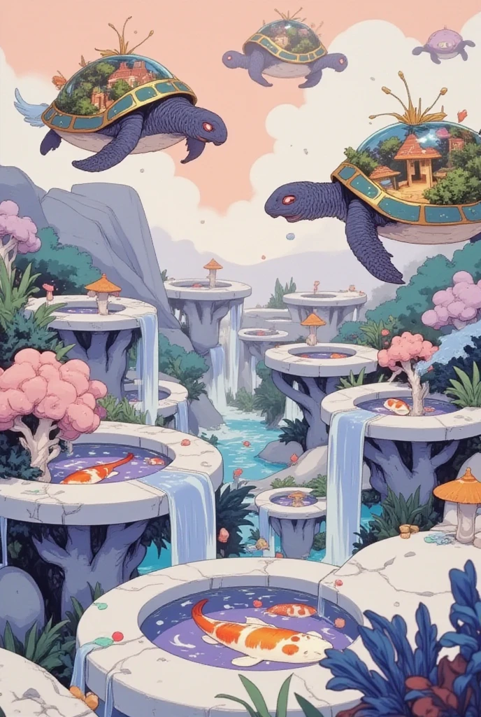 "A surreal, dreamlike artificial paradise. The landscape is filled with floating, perfectly circular pools of water resembling giant donut shapes, each with a central hole. These water rings hover above a soft, ethereal terrain and are connected by faint bridges made of light and mist. Inside each circular pool, radiant koi fish swim in elegant spirals — their orange, gold, and white bodies shimmering in the glowing liquid.
Above this utopia, enormous flying turtles drift gracefully. Their shells are made of translucent, jelly-like material — glowing softly and tinted in pastel blues, purples, and greens. Inside their gelatinous shells, self-contained ecosystems are clearly visible: lush miniature forests, glowing fungi, waterfalls, and floating islands — like entire biomes suspended in flight.
The sky is a pastel gradient of peach, lilac, and gold, like an endless sunset. Small glowing particles float through the air, adding a dreamlike magic to the scene. The aesthetic blends the natural and the synthetic in harmony, evoking a serene, futuristic utopia — peaceful, colorful, and filled with life."