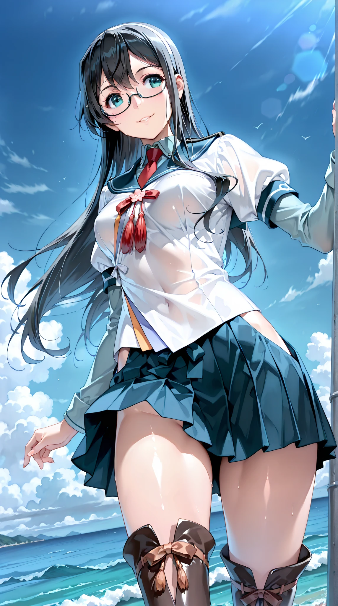 Masterpiece, Best Quality, Official Art, (Very Detailed CG Unity 8k wallpaper), Detailed backgrounds,, Attractive and sexy woman, College girl, The wind blows, (((Flips up skirt, white panties are visible)))), (Curvaceous), ( White thighs: 1.12), Look big,(cleavage),Beautiful face,(blush:1.11)(Smile:1.11),Angle from below