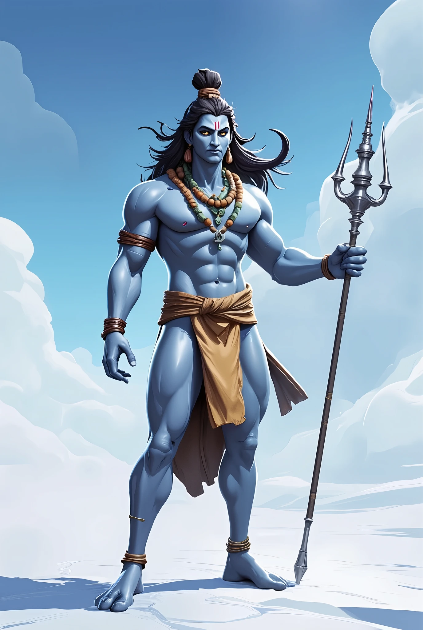 A full-body male semi-realistic digital painting of Lord Shiva standing under bright daylight in a vast open snowy landscape with a clear blue sky and scattered white clouds. Shiva has tall, muscular proportions and light bluish-white skin with a subtle glow. Handsome face. His serene, slightly stern face features glowing soft golden eyes, a high forehead marked with three horizontal white vibhuti lines and a small red tilak. His long, flowing dark brown hair is tied in a top knot, adorned with a silver crescent moon and a flowing lock draping over his shoulders. Around his neck coils a thick greenish-gray snake and a rudraksha bead mala.
He wears a tiger-skin cloth wrapped around his waist with an additional rudraksha belt. In his right hand, he holds a tall metallic silver-grey trident (Trishul) that gleams in the sunlight. His pose is grounded, powerful yet calm, with bare feet firmly planted in the snow. The lighting is natural daylight with soft shadows, emphasizing his divine aura and chiseled physique. The art style should blend painterly realism (like Arcane series) with clean hero-style outlines and bold color contrasts (like Marvel Rivals game). High quality, 8K ultra HD