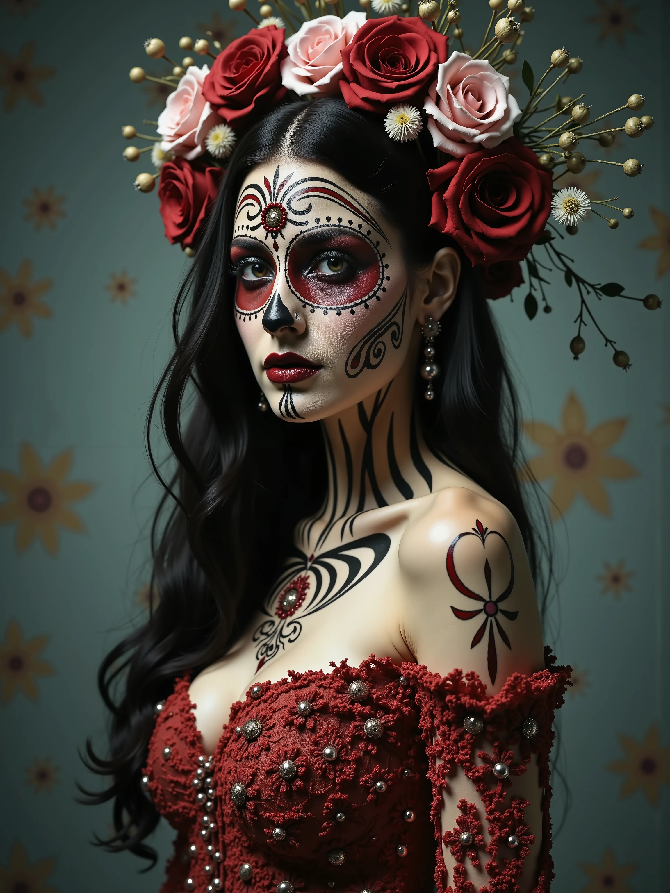 Make up this woman's face in the day of the dead face painting tradition but apply the makeup on a much heavier and much more intricate way. Let the final face painted image be startling and hypersensual, Gothic beauty, sugar skull, November 1 and November 2, Ultra-realistic, hyperrealistic, photorealistic, UHD, attention to detail, cinematic photography, cinematic portrait, portrait photography, cinematography, realism ,best quality,award winning, masterpiece.