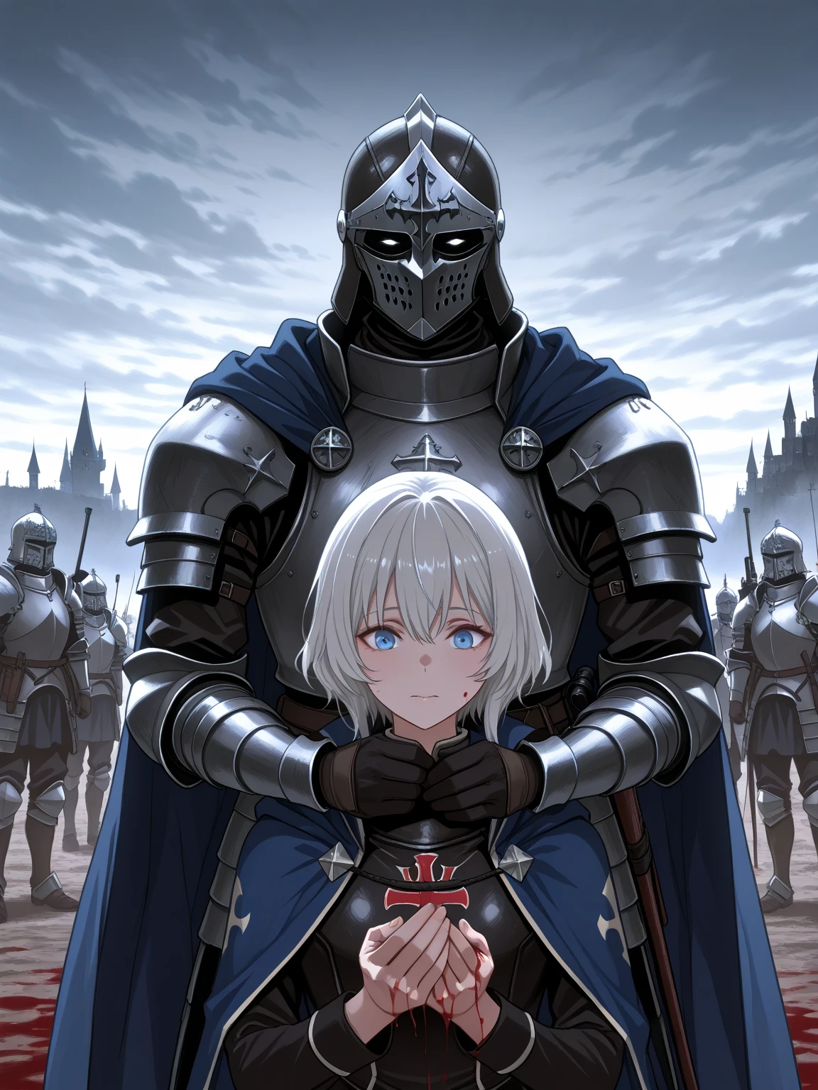[penis:(((sword))):2] over eyes, <lora:ponfaceno-10:0.8>,1girl, 1boy, knight armor, [cum:((blood)):2]