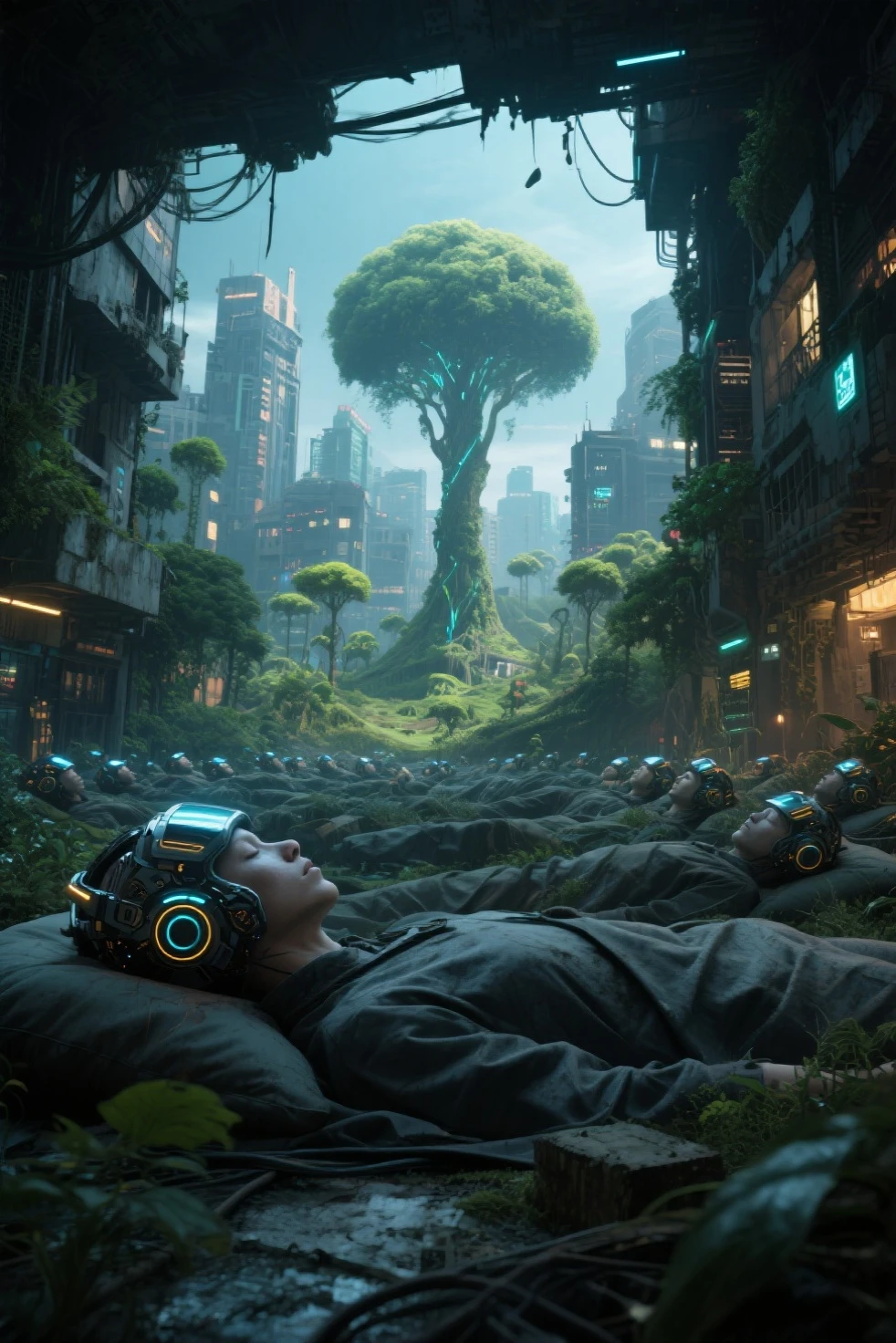 (Cyberpunk highly detailed, high-resolution photograph, double exposure, image of perfect Eden blended in the silhouette of sleeping people with head gear ,many beautiful nature and buildings in the Eden, fantasy, volumetric image, complex exposure, digital art, hyperdetailed, detail maximizer, hyperrealism, the image is vivid, high quality and high resolution dark and gloomy atmosphere in a decaying world.Double Exposure
