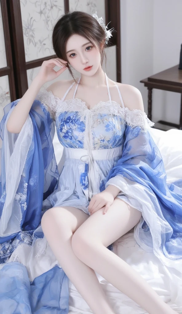guqinghan,hell,chinese clothes,china dress, (best quality, masterpiece:1.2), Extremely detailed, (Practical:1.37), beautiful, youth, Glamorous model, Warm colors, (big eyes, Delicate eyes, Delicate lips, Delicate eyes), Lying in bed, Available in white with floral pattern, Show a bright smile, fit, Full breasts, Long legs, Create a stunning picture of a girl enjoying her sleep