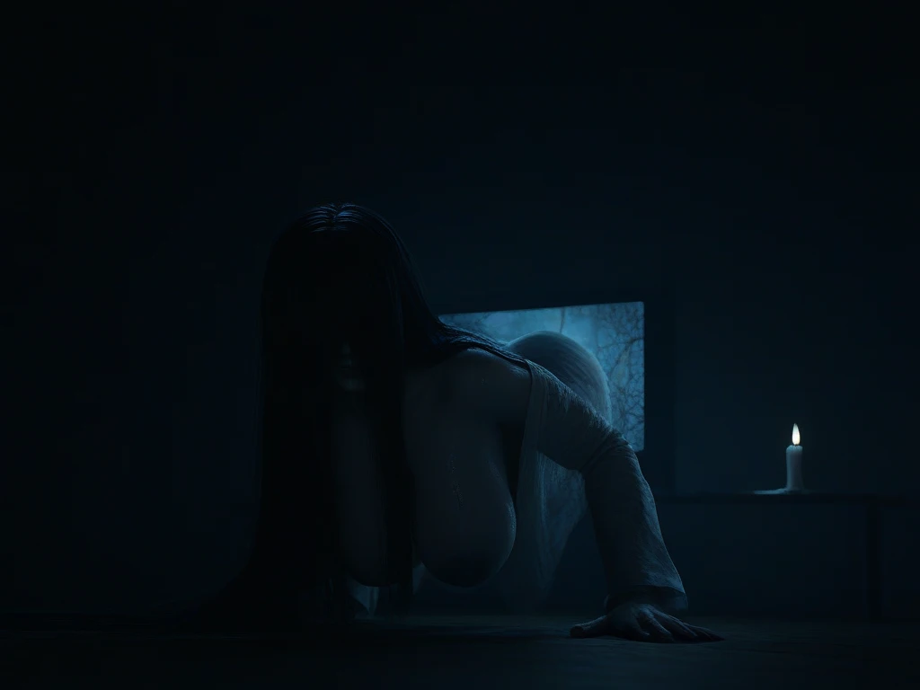 (masutepiece:1.2, Best Quality:1.2), 32K HDR, High resolution, Solo, 1girl in, (Ultra-realistic portrait of Sadako Yamamura, the ring_Japan horror movies), ((Black hair, Long hair:1.25, hair over eyes:1.25, Long bangs:1.25)), (White Dress:1.1, White skin, pale skin, Perfect slim body:1.1) (((Open legs, breasts, Tongue out, long tongue))), Detailed skin texture, Detailed face, (Dark atmosphere:1.3, Dark living room:1.3, in the abandoned house, in Japan),