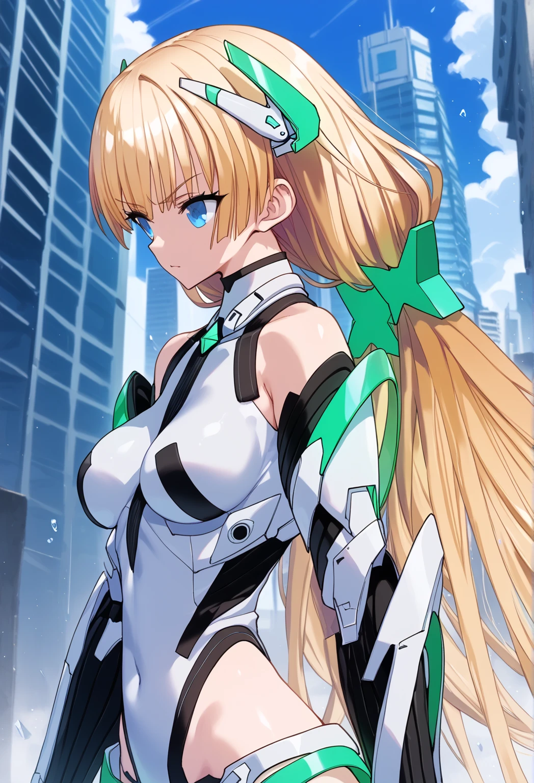 anime style, 2d, anime screencap, 1girl, blonde hair, long hair, futuristic, science-fiction, serious, white bodysuit, bodysuit, electricity, large breasts, breasts, wide hips, thick thighs, pantyhose, green eyes, tech, thigh strap, hair ornament, ornament, headphones, headset, machinery, arm cannon, tech, neon trim, hourglass figure, belt