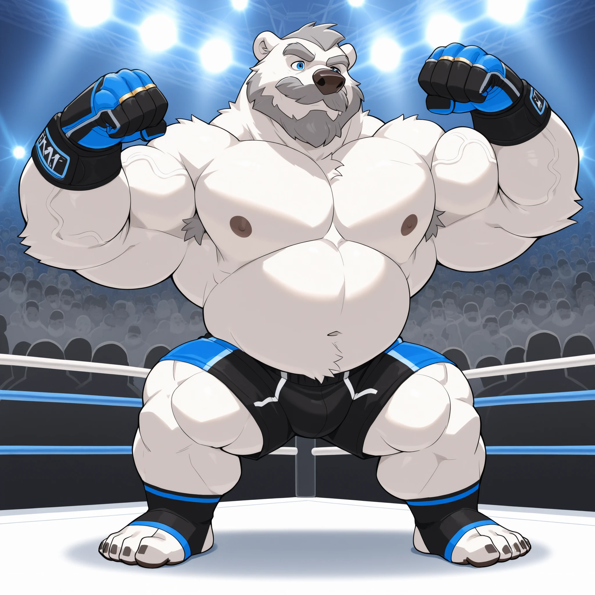 huge muscular polar bear at UTC MMA tournament octagon caged ring poses the crowd, big strength, polar bear, huge white fur, thick arm, huge arm, added thick gray mustache and beard, added short gray hair, (thick veiny muscular, pectoral, wide pectoral, thick arms), height: 220cm (7’2), weight: 254kg (579lbs), gray eyebrows added, detailed eyes with blue pupils, (wearing black MMA shorts with blue lines, MMA open-finger fighting gloves with blue pads, black toeless socks), standing, flexing front arched downwards. Disney animation.