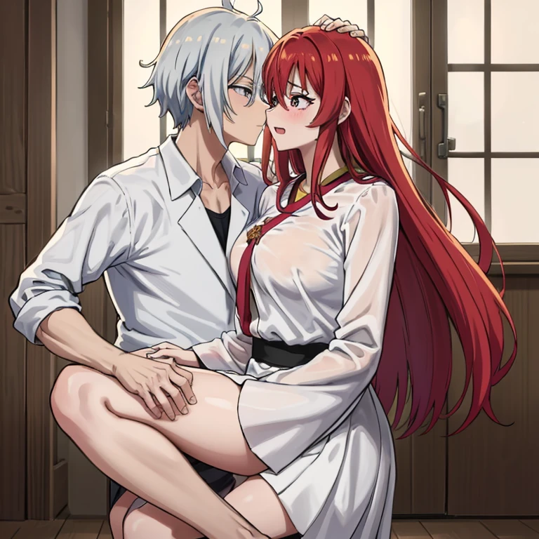 (((obra maestra del anime))), (((anime bien realizado))), romantic couple teacher man and his family, mujer foxy adulta con el pelo largo gris y ojos rojos brillantes, piel palida, sonriente, hombre adulto, pelo corto negro rojizo, ojos radiantes de color verde saturado, piel palida, avergonzado 😳, muy cerca entre el y ella,