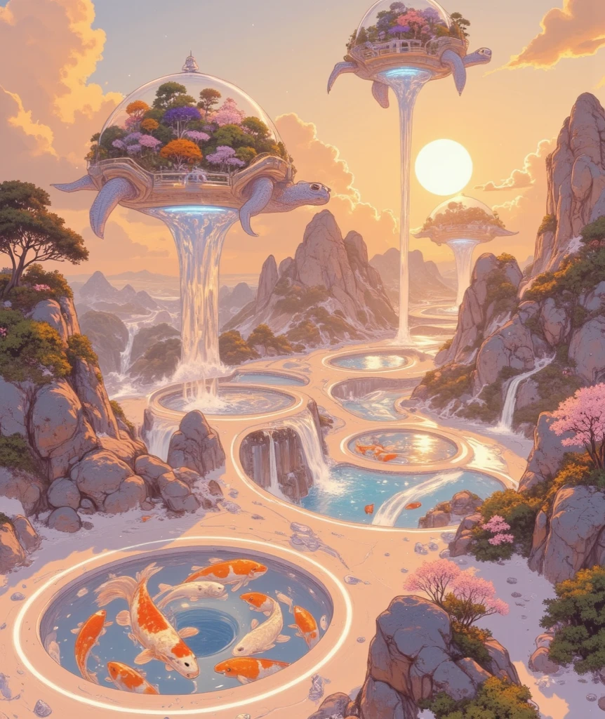"A surreal, dreamlike artificial paradise. The landscape is filled with floating, perfectly circular pools of water resembling giant donut shapes, each with a central hole. These water rings hover above a soft, ethereal terrain and are connected by faint bridges made of light and mist. Inside each circular pool, radiant koi fish swim in elegant spirals — their orange, gold, and white bodies shimmering in the glowing liquid.
Above this utopia, enormous flying turtles drift gracefully. Their shells are made of translucent, jelly-like material — glowing softly and tinted in pastel blues, purples, and greens. Inside their gelatinous shells, self-contained ecosystems are clearly visible: lush miniature forests, glowing fungi, waterfalls, and floating islands — like entire biomes suspended in flight.
The sky is a pastel gradient of peach, lilac, and gold, like an endless sunset. Small glowing particles float through the air, adding a dreamlike magic to the scene. The aesthetic blends the natural and the synthetic in harmony, evoking a serene, futuristic utopia — peaceful, colorful, and filled with life."