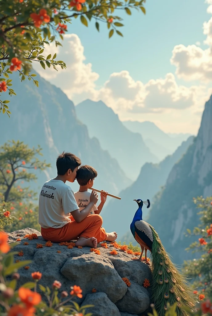 create a 3d image of 30 year old Indian devotional boy who is sitting next to krishna ji and Krishna ji playing the flute, they both sit together on the mountain,boy wearing T-shirt Name “MUGESH” written on it, heaven like beautiful view background, peacock dancing,realistic image and boy is in barefoot