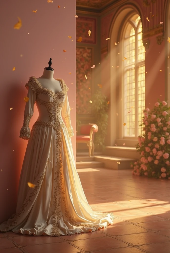 A duchess in a white dress with gold details