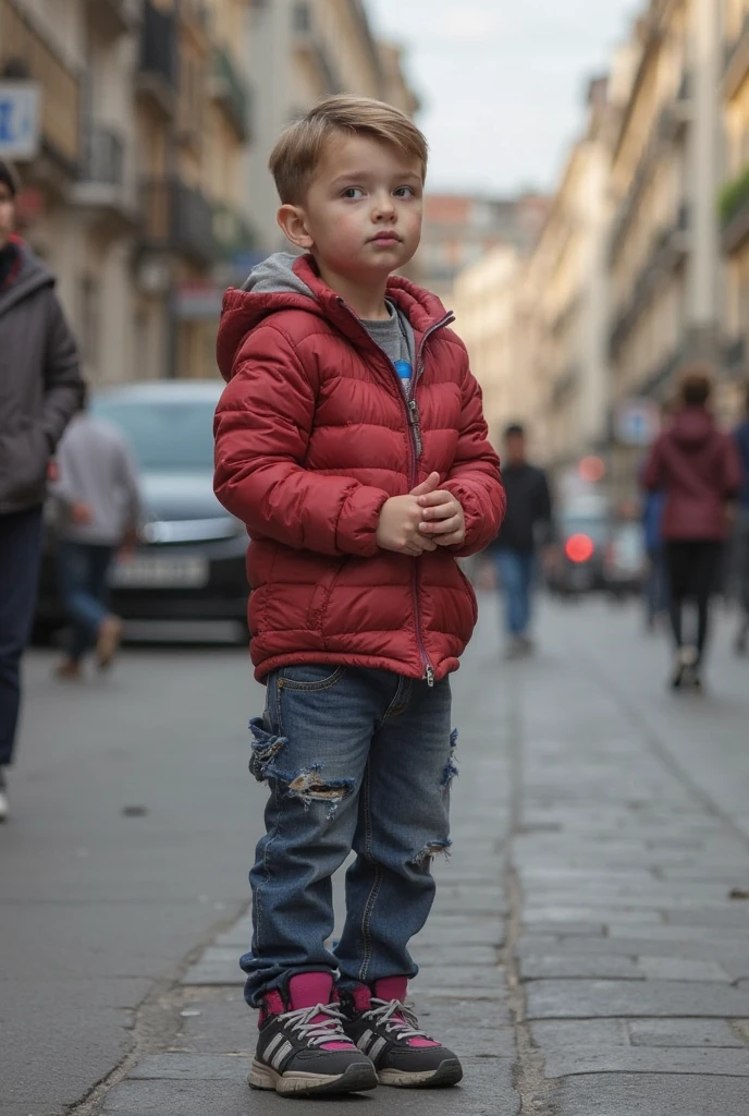 photoshoot style. a homeless child in crowded street
