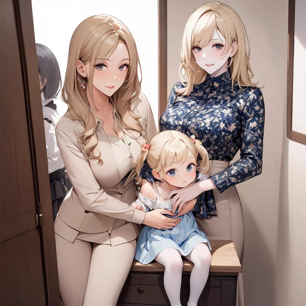 Need，tmasterpiece，loli，Two people，whaite hair，Golden eyes，Manteau blanc，Look up，full bodyesbian，Hairline，White skin of the，SideBraid，ear studs，white  panties，Half of the chest is exposed，Little blonde girl sitting side by side on the floor, Realistic anime little girl rendering, render of a cute 3d anime girl， Photorealistic anime, 3 d anime realistic, Realistic anime 3 D style, , anime styled 3d, hyper realistic anime, Anime. Soft lighting, cute big breasts，Wear a low cut，Denim skirt，Blue and white striped socks，carrying red school bags