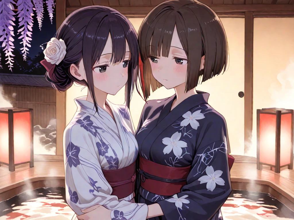 Black hair
Short
Hug
Blue yukata
Flat chest
Blushing face