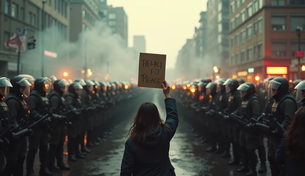 a realistic photo of a woman protestor and buildings, police, Chaos And Order