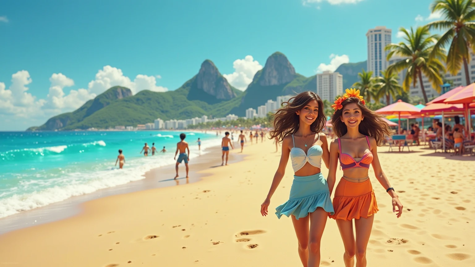 (straight hair+Brazilians: 1.2+dark: 0.9+straight: 1.1), (girl OR woman), big brown eyes, full lips, golden earrings, tropical background, palm trees, sun, beach, bright colors, summer vibes, wearing sexy bikini, full breasts. Hang gliding passing in the sky, children sucking ice cream and wearing light summer clothes with Copacabana palace as a background.
