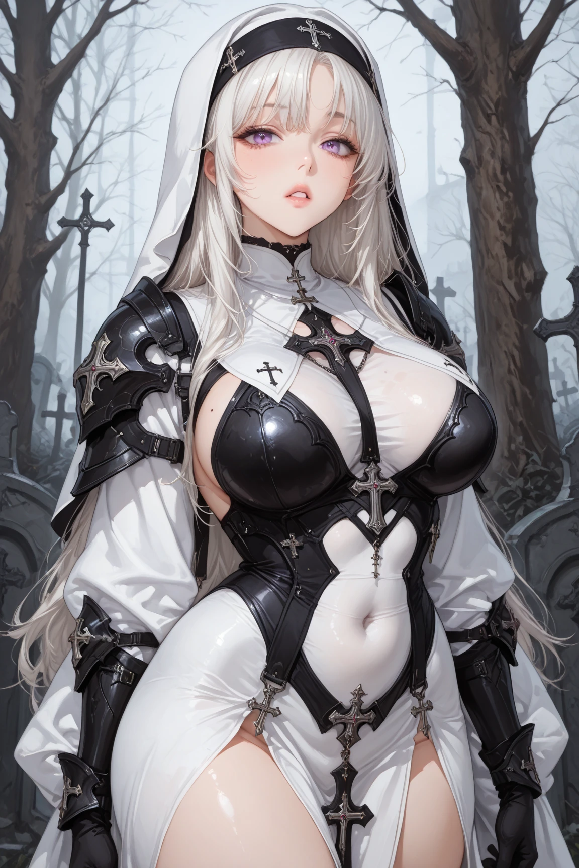 beautiful demonic woman, naked, white long hair, pubic hair,covered in blood, fangs, horns, grim forest,
 <lora:sexy_bridal_lingerie:1> 1girl, bridal veil, white lace bridal lingerie, cleavage, cleavage cutout, bare shoulders, bare arms, white lace panties, short see-through skirt,