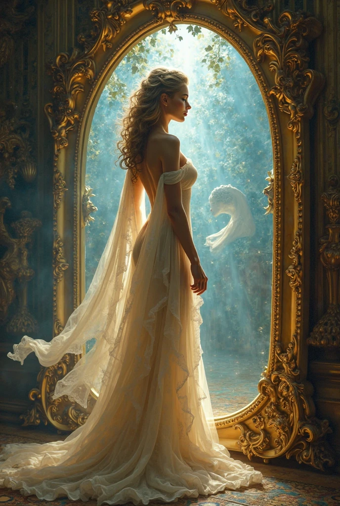 Goddess of temptation emerging from a magical mirror in front of a ...