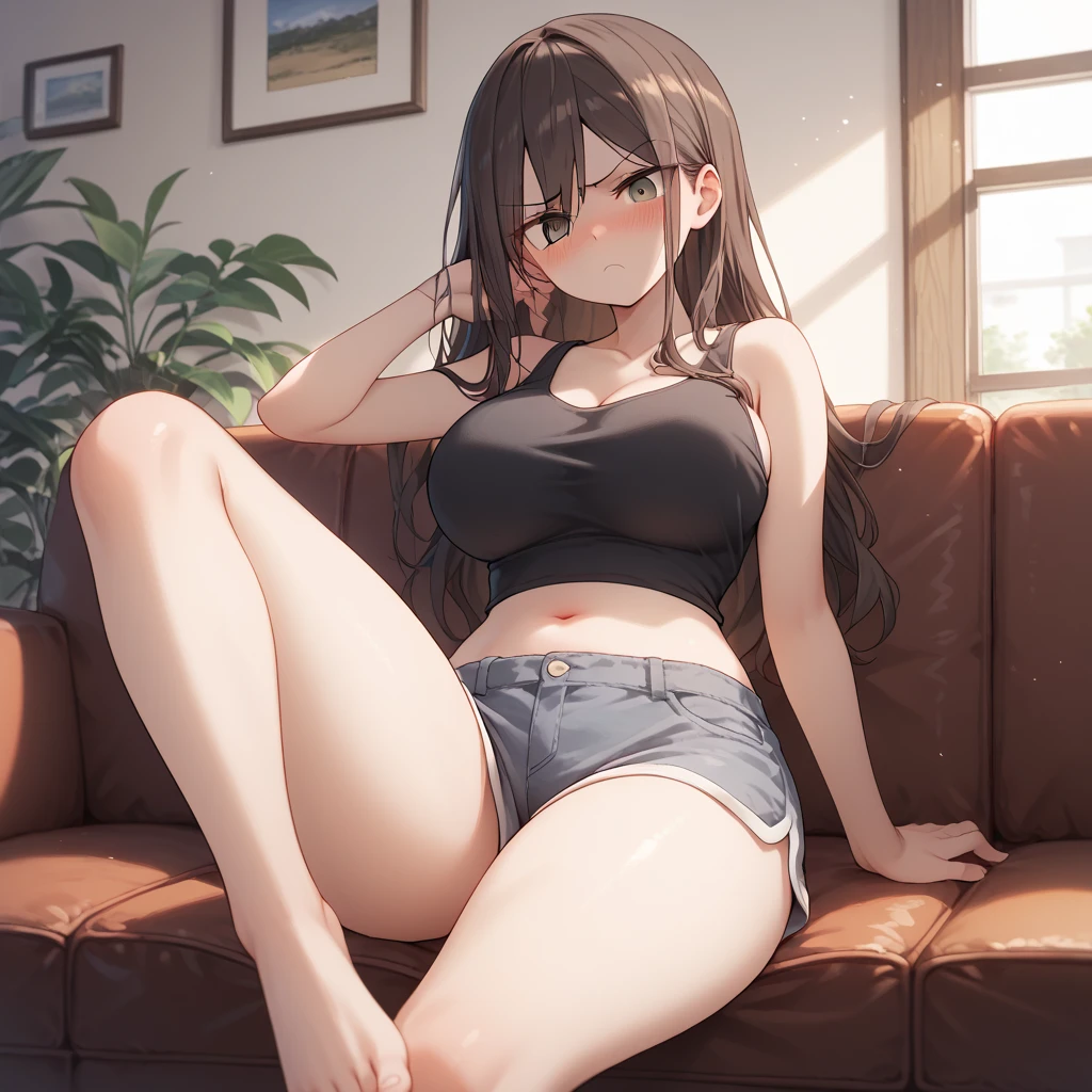 2D，highest quality，(masterpiece)，(full body)，((girl１people))，Semi-long hair that reaches to the shoulders，((amber brown hair))，((beach waves))，healthy dark skin，((denim hot pants))，A pink tank top with alphabet letters on it，Shiny bare legs，barefoot，beautiful brown eyes，attractive thigheaty ass，Sloppy body shape，Bedroom，Get drunk，upper grade，cheeks are bright red，Cute with bruises，devilishly sexy，erotic look，large drops of sweat，It&#39;s stuffy，sleep with your legs stretched out、my room