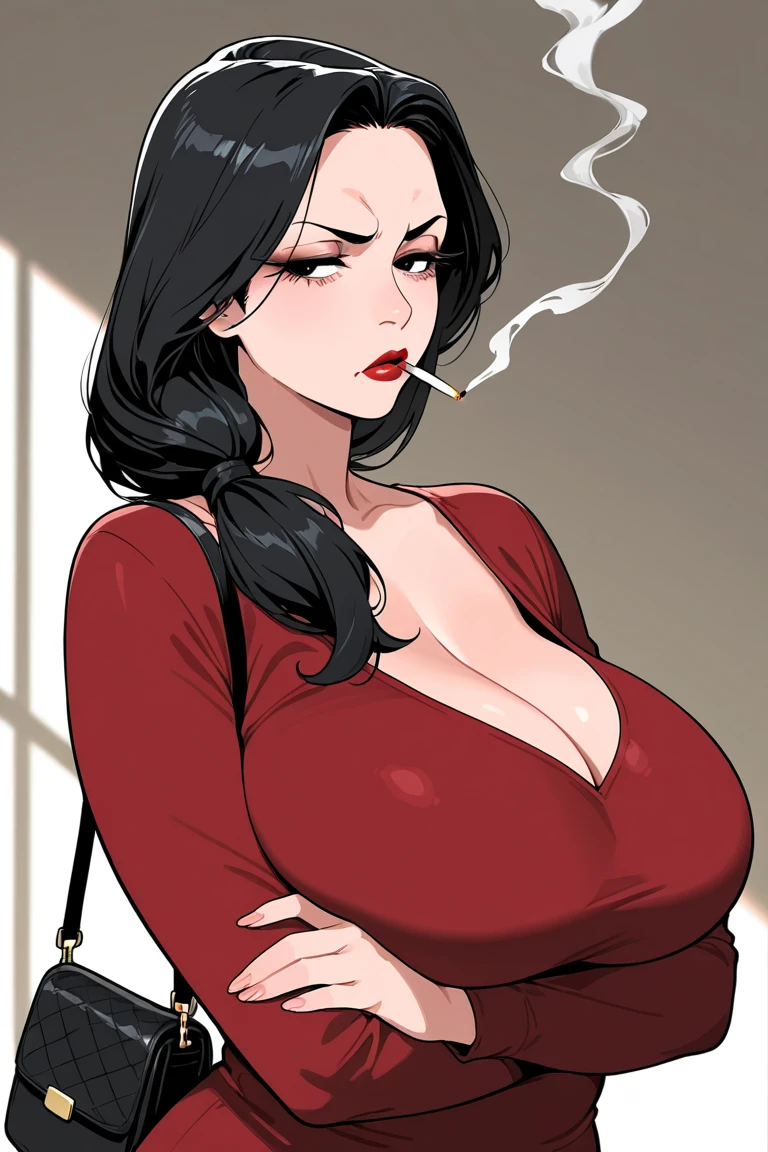 disgusted look, angry, busty, big breasts, massive breasts, pov eye contact, thicc, cleavage, red lipstick, sagging breasts