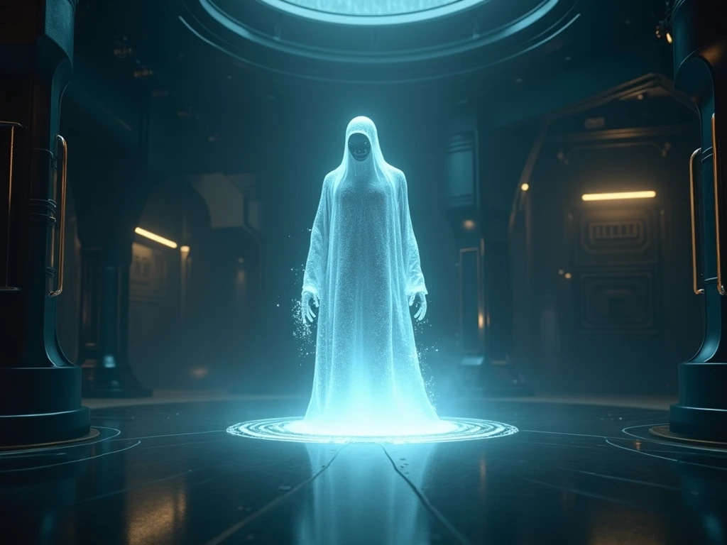 A holographic message from Lord Zarnak is projected in the center, casting a dramatic glow. The room is sleek, with metallic surfaces and advanced technology