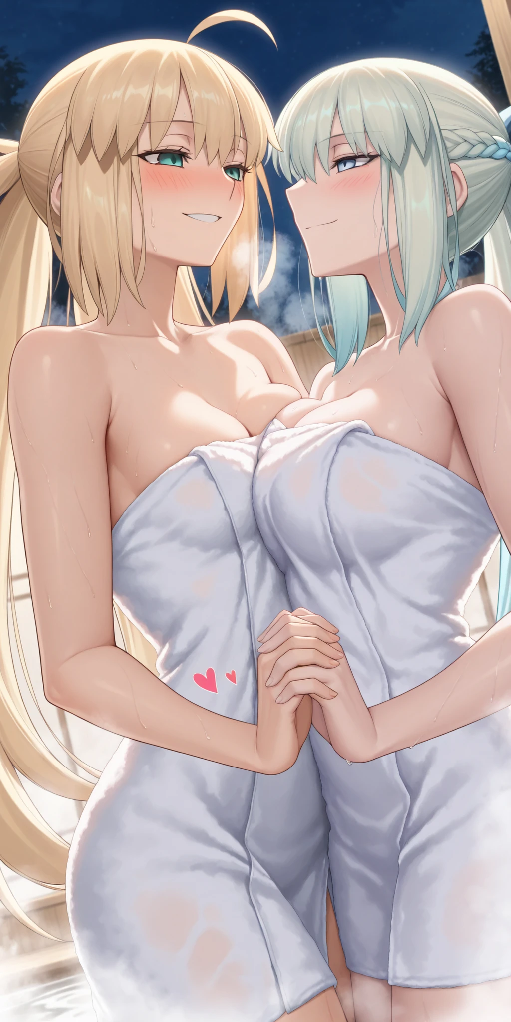 high resolution, masterpiece, necessary, detail, best quality, quality, necessary, details, High details, Precise, Bust Thick Thigh Reverse Dutch Angle, focus on face, close-up, Two women standing side by side,
(2girls), ((agirl_and_bgirl)), ufotable style, ufotable anime, (yuri), (((whole body is covered in sweat))), ((((steam)))), (Outdoor open-air bath), Holding hands, (Two women looking at each other with happy smiles), night, profile, (Heart symbol flying), orgasm,
(agirl,Morgan le fay, Fate Grand Order, fate, Fate Grand Order, long hair, ponytail, blue eyes, (Morgan le fay is very big breasts), happy smile, (half shut eyes), sharp eyes, bath towel,),
(Bgirl, Artoria Caster, Castoria, Fate Grand Order, Fate, Fate Grand Order, Blonde Hair, green eyes, artoria caster is small chest, blush, happy smile, bath towel,),