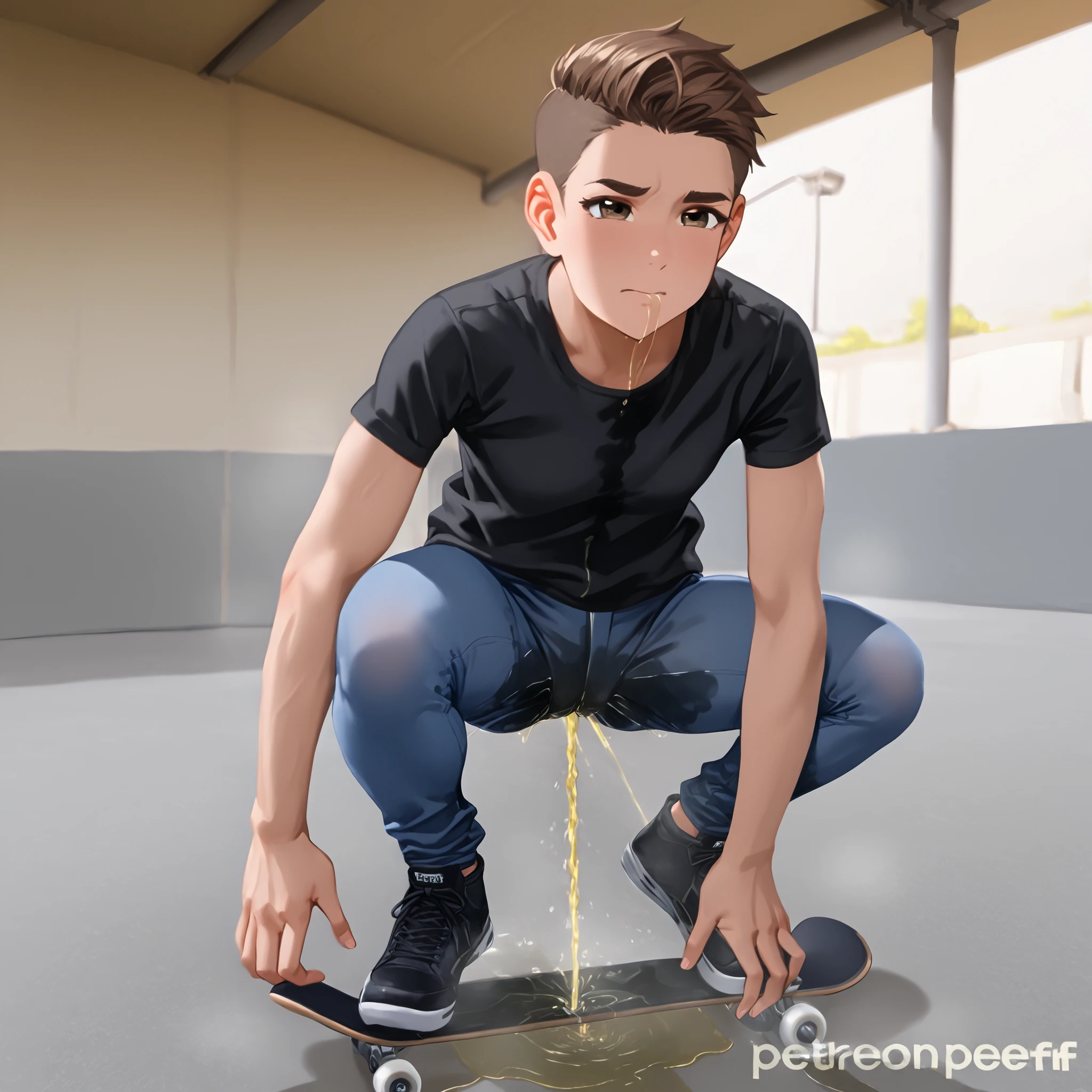1boy, male focus, standing, 12 years old, green hoodie, blue jeans, white sneakers, brown hair, bangs, short hair, green eyes, looking down, crying, blushing, city park background, best quality, amazing quality, best aesthetic, absurdres, year 2023,((wetting self, pee stains, puddle)), blushing, clenching teeth, seen from below, dynamic angle, crotch focus, penis bulge, (((hands on head, full body)))