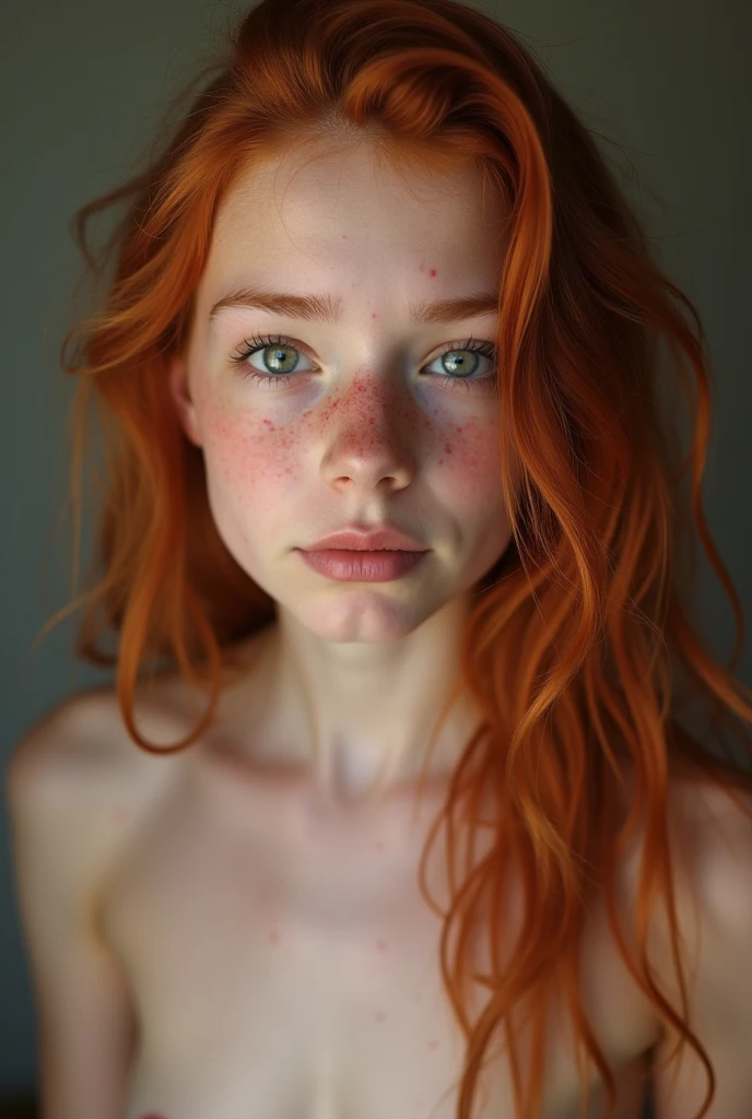 (close-up, editorial photograph of a 21 year old woman), (highly detailed face:1.4) (smile:0.7) (background inside dark, moody, private study:1.3) POV, by lee jeffries, nikon d850, film stock photograph ,4 kodak portra 400 ,camera f1.6 lens ,rich colors, hyper realistic ,lifelike texture, dramatic lighting , cinestill 800, wavy hair, messy hair, curls, Mischievous smirk, red hair, green eyes, freckles, white skin, european woman, european skin, european expression, Athletic, masterpiece, western, Astral Plane, Naked body, shower, farm