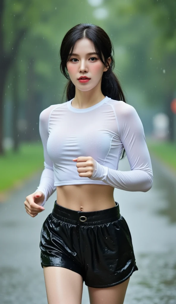 (Extremely meticulous CG),(((8k))),wallpaper,((Extremely refined and beautiful)),(((Masterpiece))),(((best qualtiy))),(((Ultra High Resolution))),realistic shaded,(Smooth and flawless fair skin:1.5),(Extremely exquisite facial details:1.2),(ultra-detailed:1.5),((a beautiful girl,solo)),(White baseball cap:1.5),(short ponytail:1.3),(wet hair:1.5),(small head:1.2),(slender face:1.2),(Exquisite makeup:1.3),(happy:1.2),(laughing:1.2),(perfect body:1.1),(wet:1.5),(sweat:1.3),(shiny skin:1.5),(white shirt with short sleeves:1.3),(bare back:1.3),(towering hips:1.3),(butt crackl:1.3),(black gauze pants:1.5),((slim,thin)),(from back:1.3),(standing:1.3),(at the schoolgate:1.5),(urban landscape:1.3),(outdoor:1.3),(summer:1.3),(day scene:1.3),(dark lighting:1.5),(cloudy:1.5),(rainy:1.3),(overcast:1.5),(upper body:1.3),(surrounded by crowded crowds:1.5)