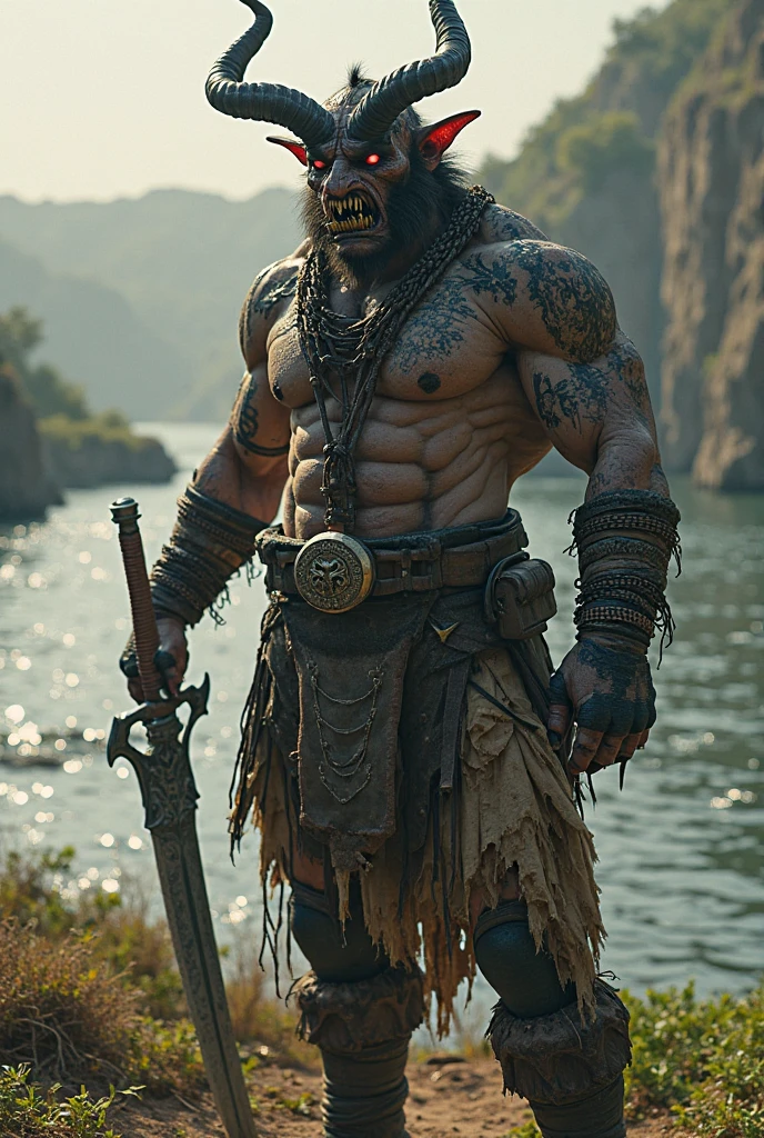 Create a Black Barbarian, com Machado de dois lados, He's extremely strong. He leads an army and his colors are blue, preto e roxo, He has few parts of a cleric's armor. Your animal ally is a red-eyed direwolf.