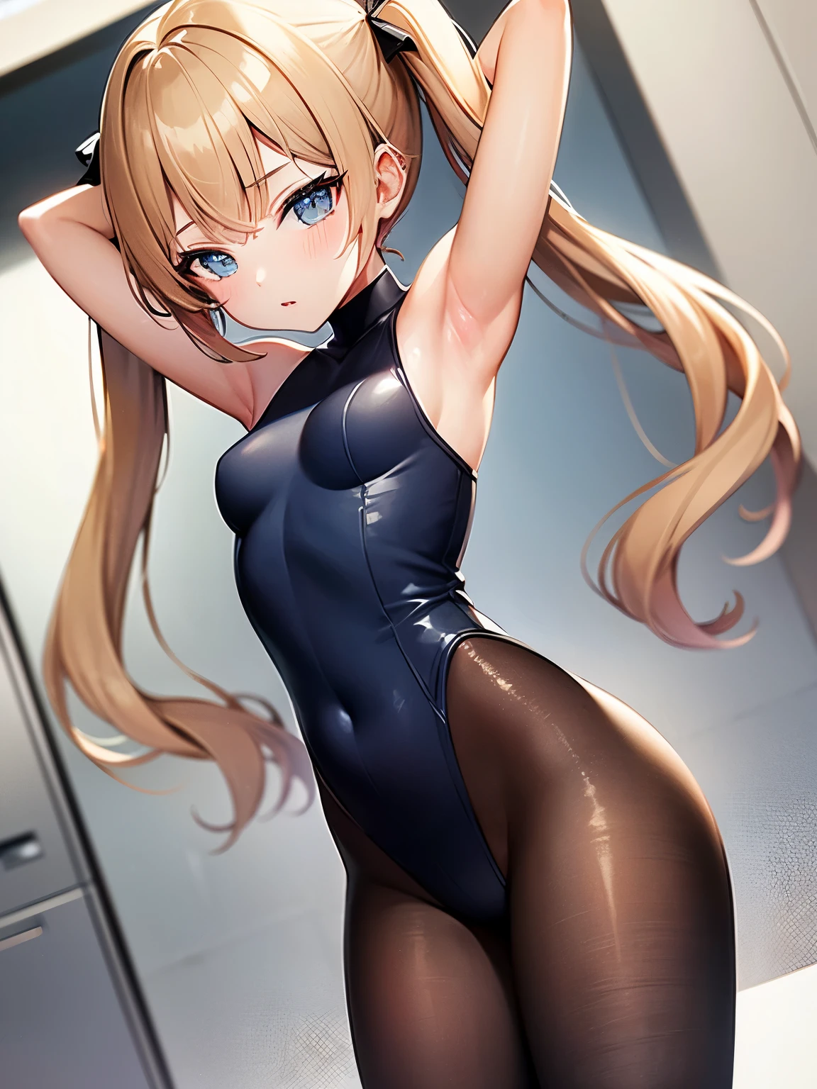 camel toe:1.4、(Sweat)、(vapor)、(((long gloves:1.3)))、(blue eyes)、((brown loafers))、((Black knee-length socks))、Open your thighs wide to the left and right、squat、show off your crotch to the viewer, ((latex old school swimwear:1.3、sit, spread your legs:1.3, arm behind head )、High leg、、absurd、pigtails hair、blonde、flat lighting、elevation angle、sexy pose、highest quality、Complex、surreal、perspective, very detailed, detailed background, shape、1 girl、alone、small breasts、light smile, embarrassing, blush, Poolside, (Sweat),