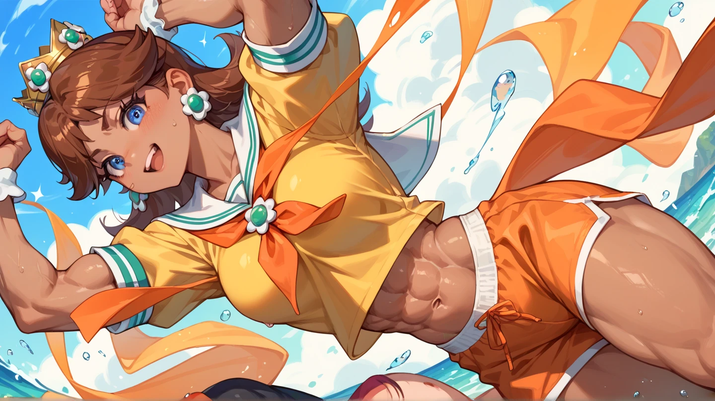 score_9, score_8_up, score_7_up, score_6_up, Character concept art of a dark skinned woman, twin braids, yellow crop top, khahki shorts, low angle, underboob, baseball cap, blowing bubble gum, fashionable, high detail establishing shot. cinematic, bokeh, use of color theory