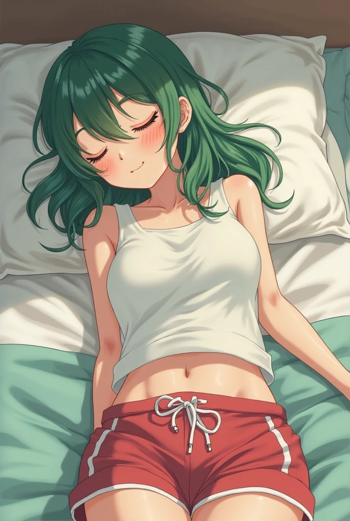mitsuri kanroji,sleeping,half covered with blanket,sleepy, sleeping,feets,red nails,red underwear,abs, laying on bef, head on pillow,sexy,large breasts, smiling ,blush on face,fidgets with her legs,red thongs,lying on its side