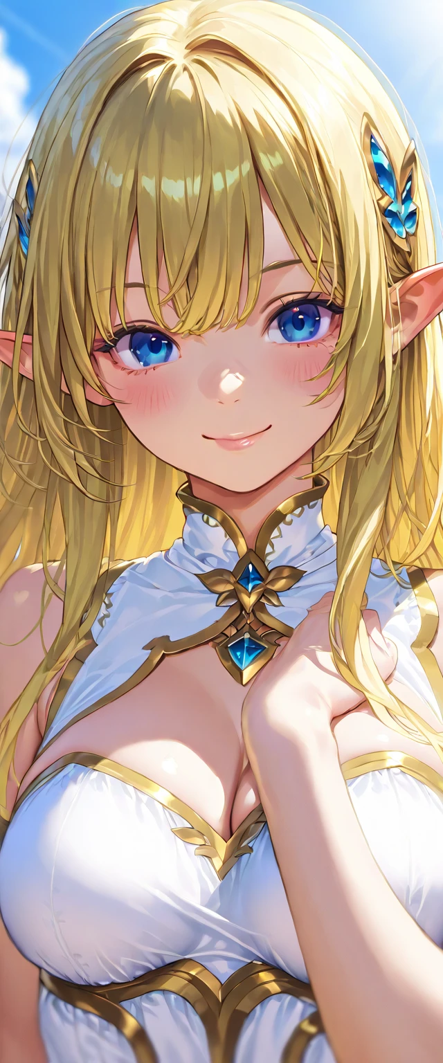 (Original Character、Unity 16K Wallpaper, Masterpiece, Best Quality, Ultra-Detailed, Extremely Detailed CG, Caustics, Cinematic Lighting, Detailed, Beautiful Detailed Eyes, solo), Ultra High Resolution, fine skin, (elf, curby), (strong light)、((brighten the subject)),cleavage,blush,cowboy shot,Mysterious,lake,elf queen:1.2、gold hair