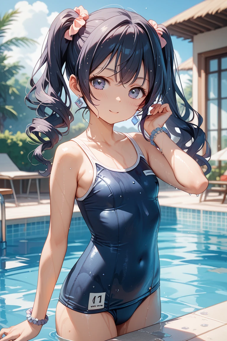 Very cute and beautiful girl,Ten generations,(Highly detailed beautiful face and eyes:1.2),blue school swimsuit, standing,(from behind),leaning forward,(Viewing viewer),Poolside,small colorful flowers,smile,black hair,cowboy shot,(highest quality,masterpiece:1.2),High resolution,alone,hair blowing in the wind,beautiful and detailed sky,