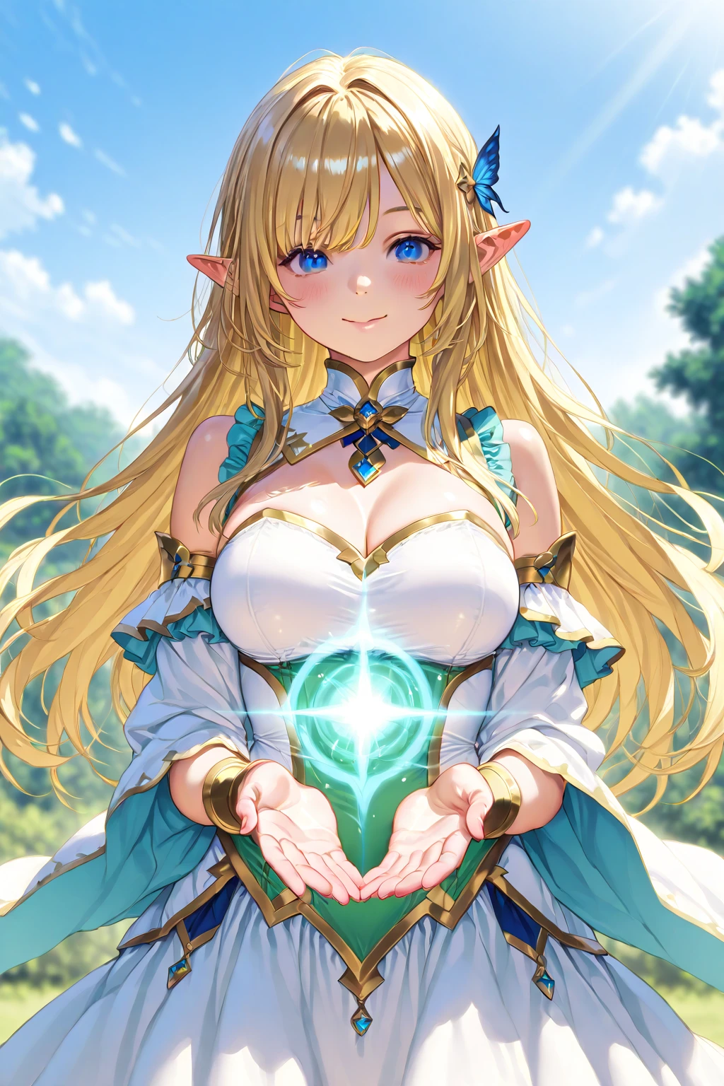 beautiful illustrations, highest quality, pretty girl,beautiful girl、clear face、 half girl、pastel colour ,blonde、black eyes、smile、blush、にこやかなsmile、thighs、elf、fantasy、fantasy、big breasts、Princess