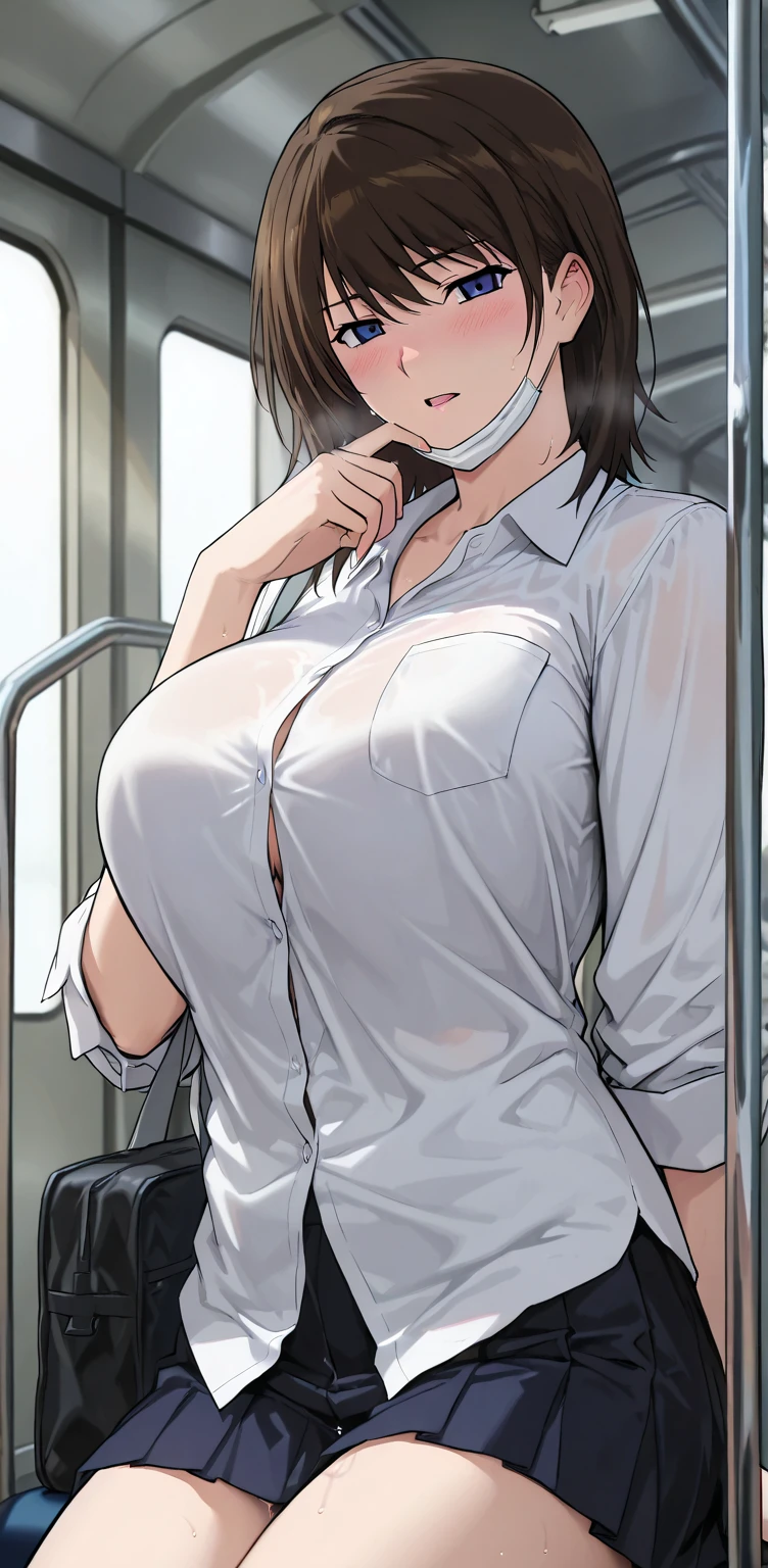 Photo of a mature malay female teacher with saggy breast breasts (((running to catch the bus))), on the side (street) 40yo,busty body, short body, dimples, light, detailed face, panic face, ((looking panic )), (concerned), (open mouth),(scream), Perfect breasts, big breast, natural breasts, G cup, (((short hijab))), (((glasses))), (sweat), (((open shirt))), (((cotton bra))), ((breast out)), ((((pulled down trouser)))), ((( cotton panties))), ((holding bag))