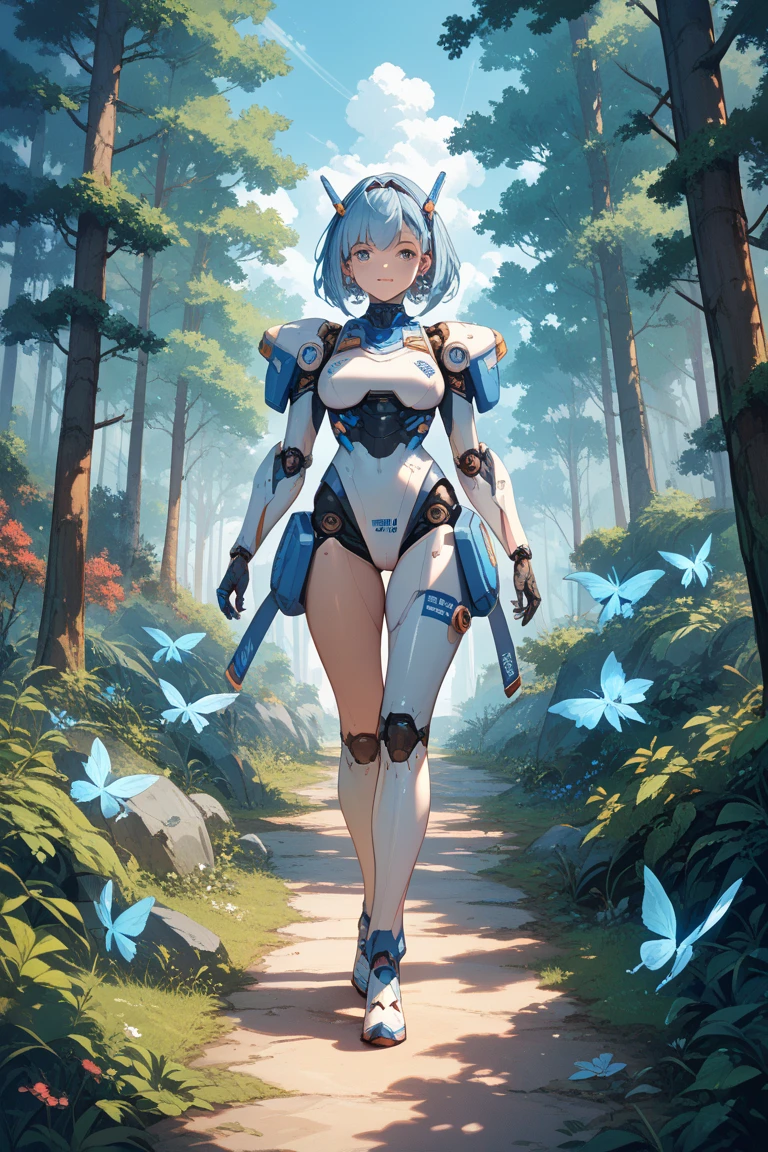 (flat color:0.9),(colorful:1.1),(masterpiece:1,2), best quality, masterpiece, highres, armored cyborg fairy in cyberpunk forest. Comic book style. Leant against a tree. Relaxed, natural, pose. Holding a huge magical bazooka.