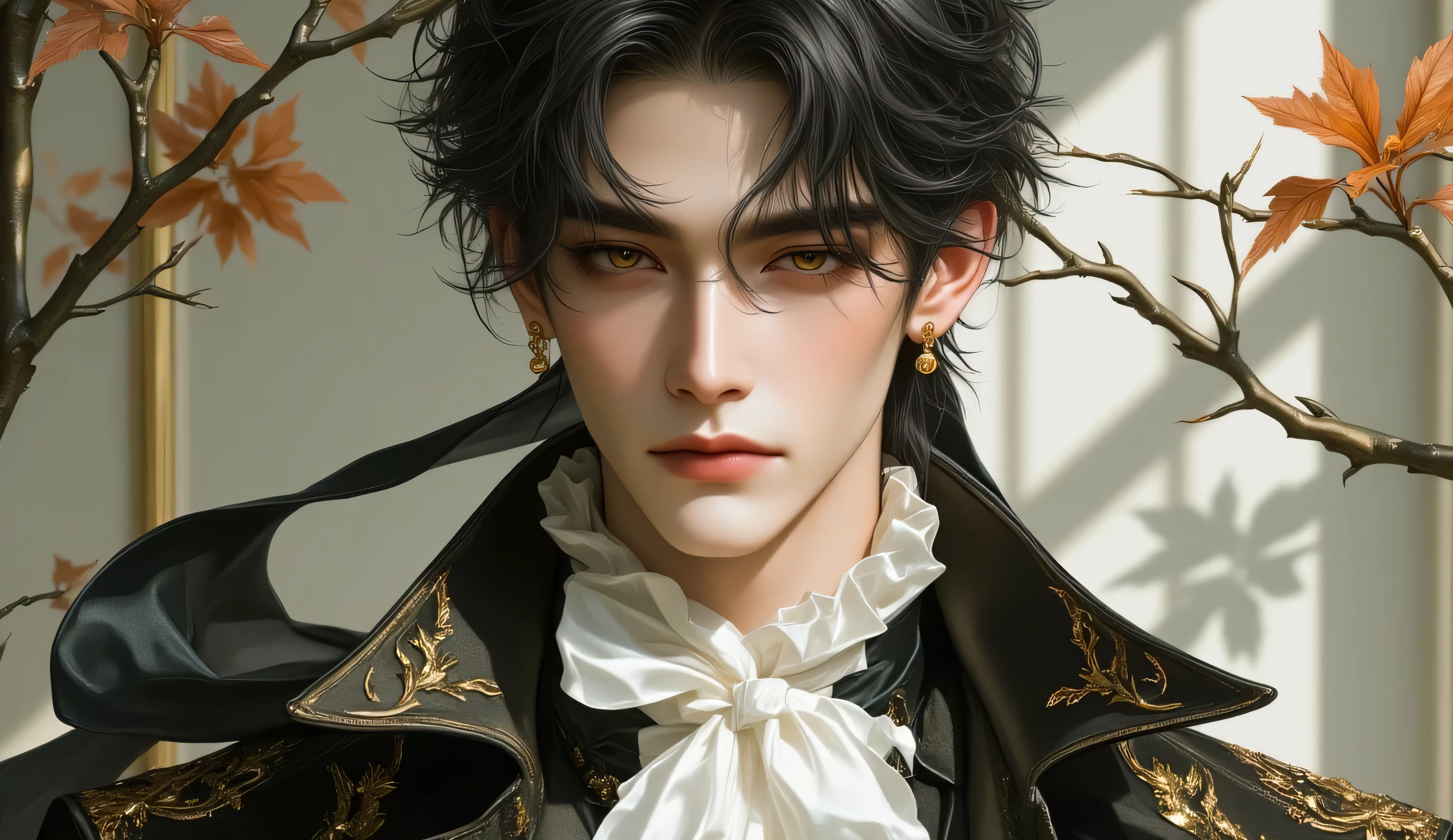 "An ethereal and androgynously beautiful nobleman with soft porcelain skin, deep amber-golden eyes that shimmer like molten honey, naturally long lashes, and softly blushed cheeks. He has slightly tousled black hair with soft waves, wearing an ornate, baroque black velvet coat embroidered with antique gold details, and a ruffled white cravat tied with a black ribbon. Elegant gold earrings, aristocratic poise, and a calm, mysterious expression. Delicate background with autumn branches and soft natural lighting. Hyper-realistic, ultra-detailed face, 4K resolution, cinematic lighting, photorealistic, studio quality, fantasy male beauty, high fashion editorial style."