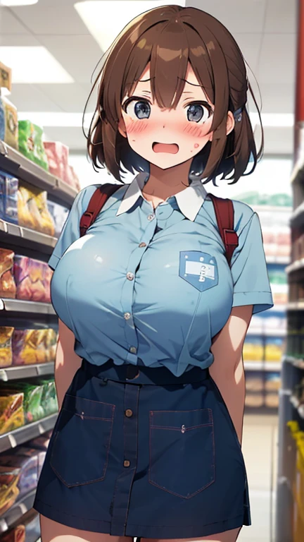 1 girl, Whole body image、 Gal、Brown eyes, Glowing Skin、Long blonde hair,, ((convenience storeの制服を着用:1.4))、Big Breasts, , Center View, High resolution, Ultra Sharp, 8k, masterpiece、convenience store、sweating、Grin、Navy blue pleated skirt、Pink panties、Panty shot、Angle from behind