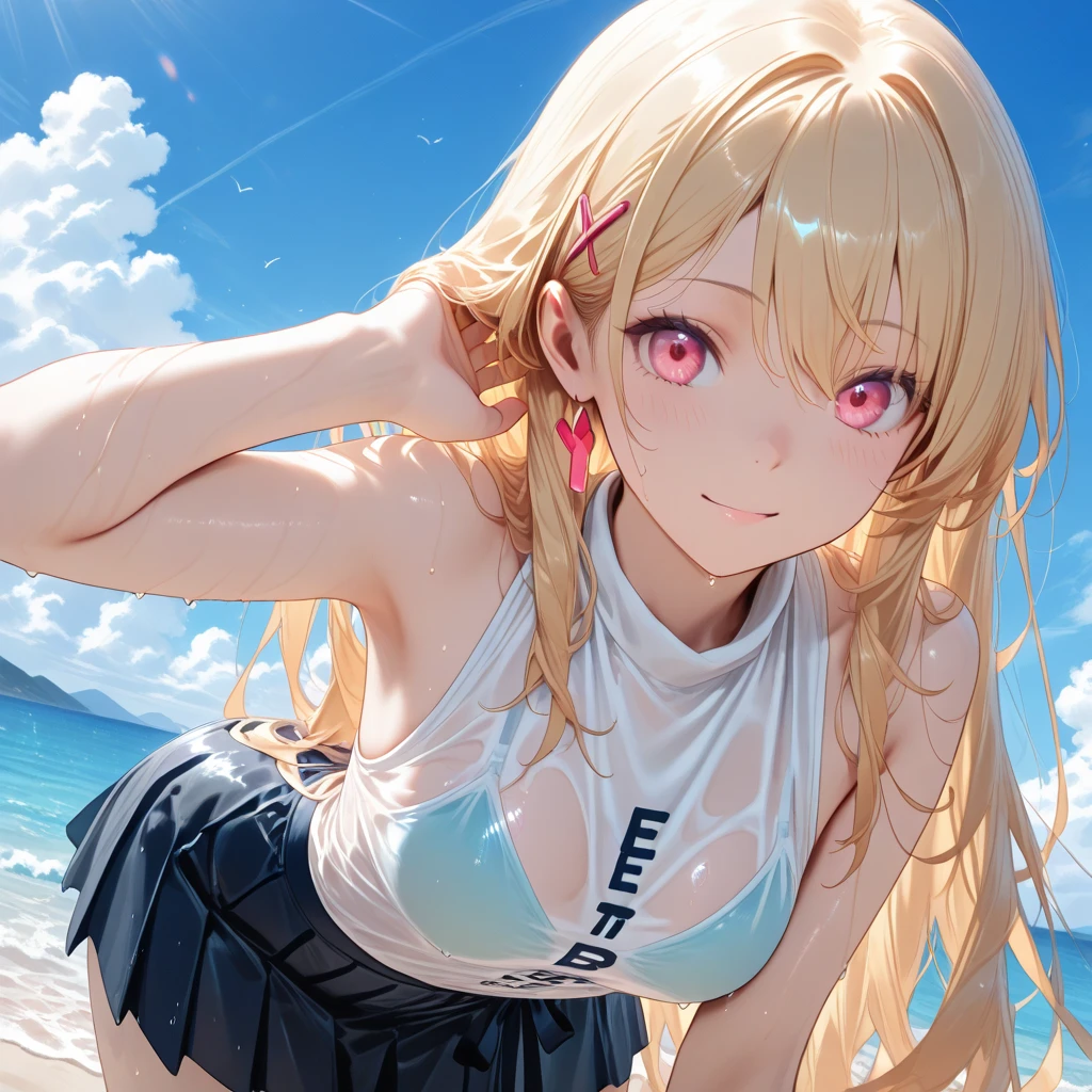 Hoshikawa Sara、Good looking girl (blush, Perfect Face), independent , Looking at the camera, masterpiece, Anime art style, Cute Characters, Most detailed, high quality、Nico Nico Smile、Sexy Swimsuit、Coming to the sea、Showing armpits、Side Ponytail