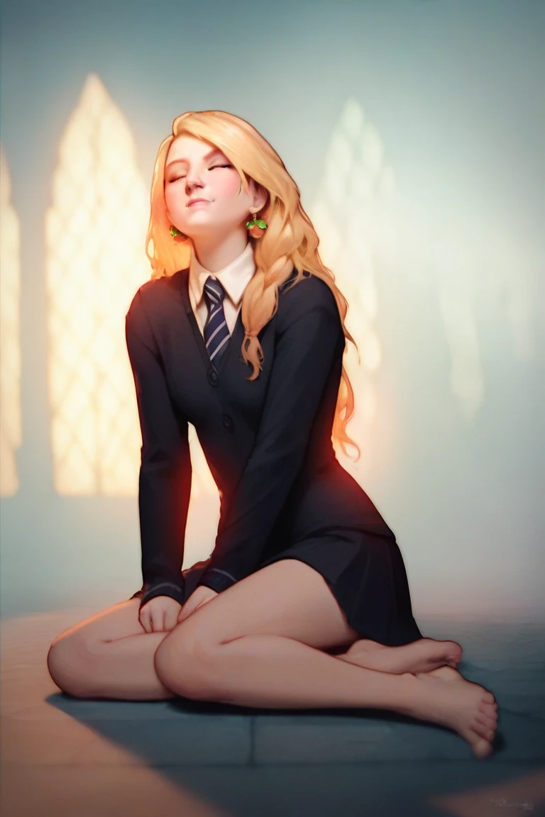 (far wide shot:1.5), 1girl, (solo:1.5), a beautiful picture of luna, wearing a uniform, (full figure:1.5), masterpiece, photorealistic, detailed, 4k, HDR, backlighting, bloom, light, RAW color photo, soft skin, blonde, detailed face, blue eyes, striped scarf, short pleated skirt, black robe, medieval, hogsks, (Ravenclaw:1.4), (ahegao:1.5), (ahg1:.5), (rolling eyes :1.5)