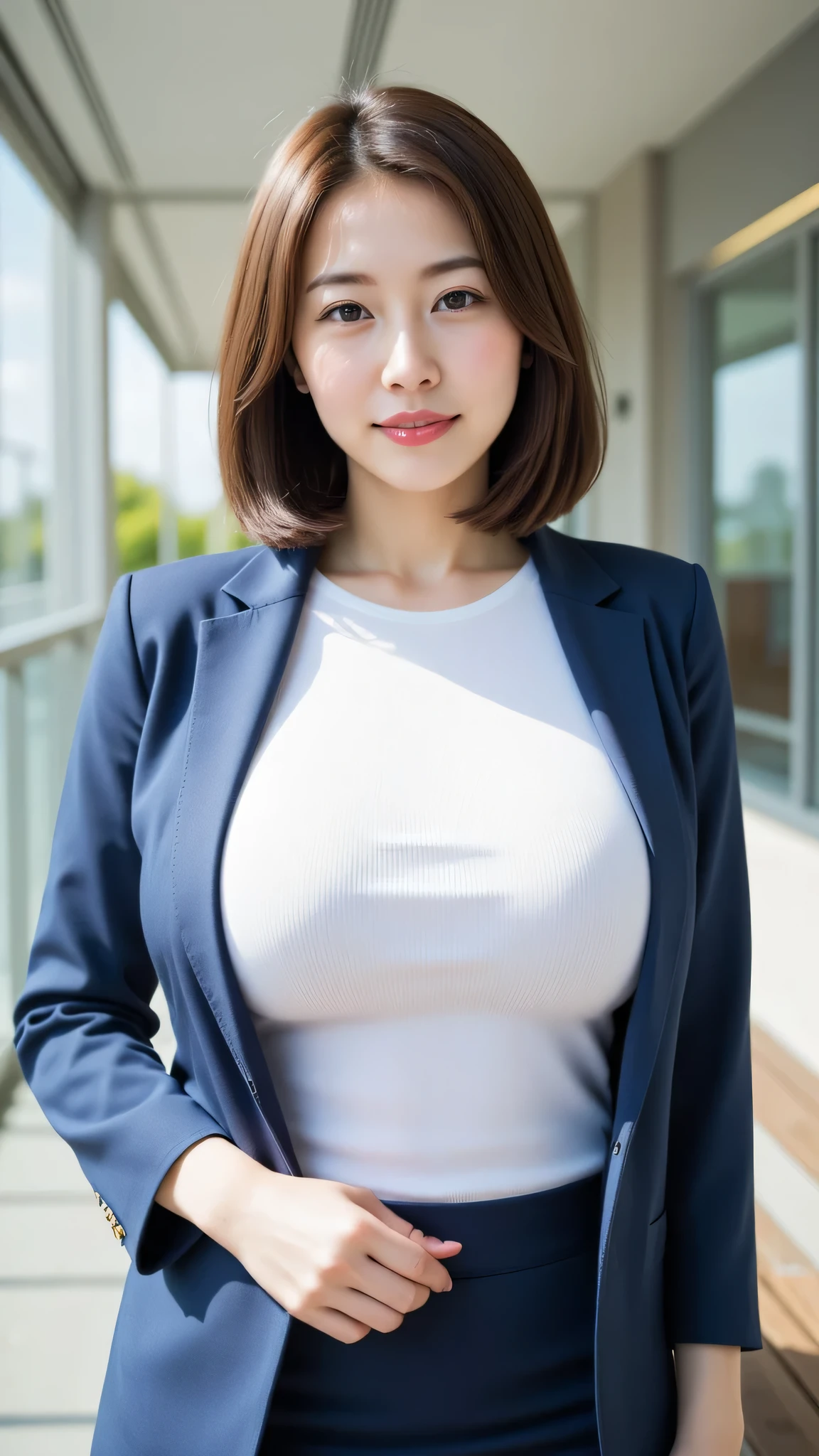 (best quality, masterpiece:1.2), white background, (gigantic breasts:1.2), realistic, big breasts, huge breasts, gigantic hips, thicc, small waist, long legs, thick thighs, fair skin, rosy cheeks, porcelain like skin, white t-shirt, crew neck, closed-neckline, pants, (business jacket:1.2), (blonde hair:1.2), (blue eyes:1.2), big eyes, mature woman, beautiful woman, smile, eyelashes, highly detailed face,  japanese goddess, japanese actress, japanese model,