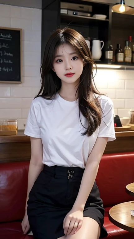 1 Girl,Sit on a comfortable sofa,Soft Light,Chinese Beauty, Short sleeve,Short suit skirt,,Dark-haired,Length of hair
