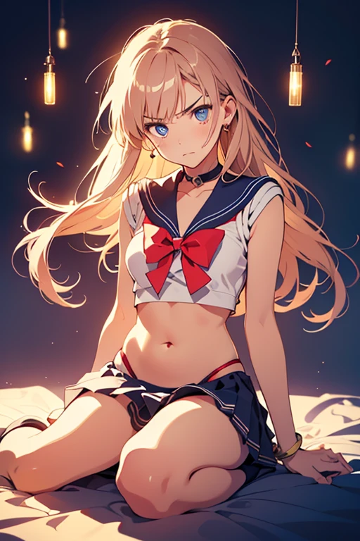 top-quality、realistic touch,high-detail、photoRealstic、thin-waist、captive beauty、big eye、solid platinum-blonde eyelashes、platinum-blonde、full body Esbian、Sparkling eyes, cheeks flushed、thin-waist、In the classroom of  the school、She is in estrus、a sailor suit、cocky expression、Super short skirt with V-line visible、Sleeveless、Navel look、small tits、Ponytail hair style、a sailor suit that is extremely short in length、Black thigh socks、Colossal tits、big butts