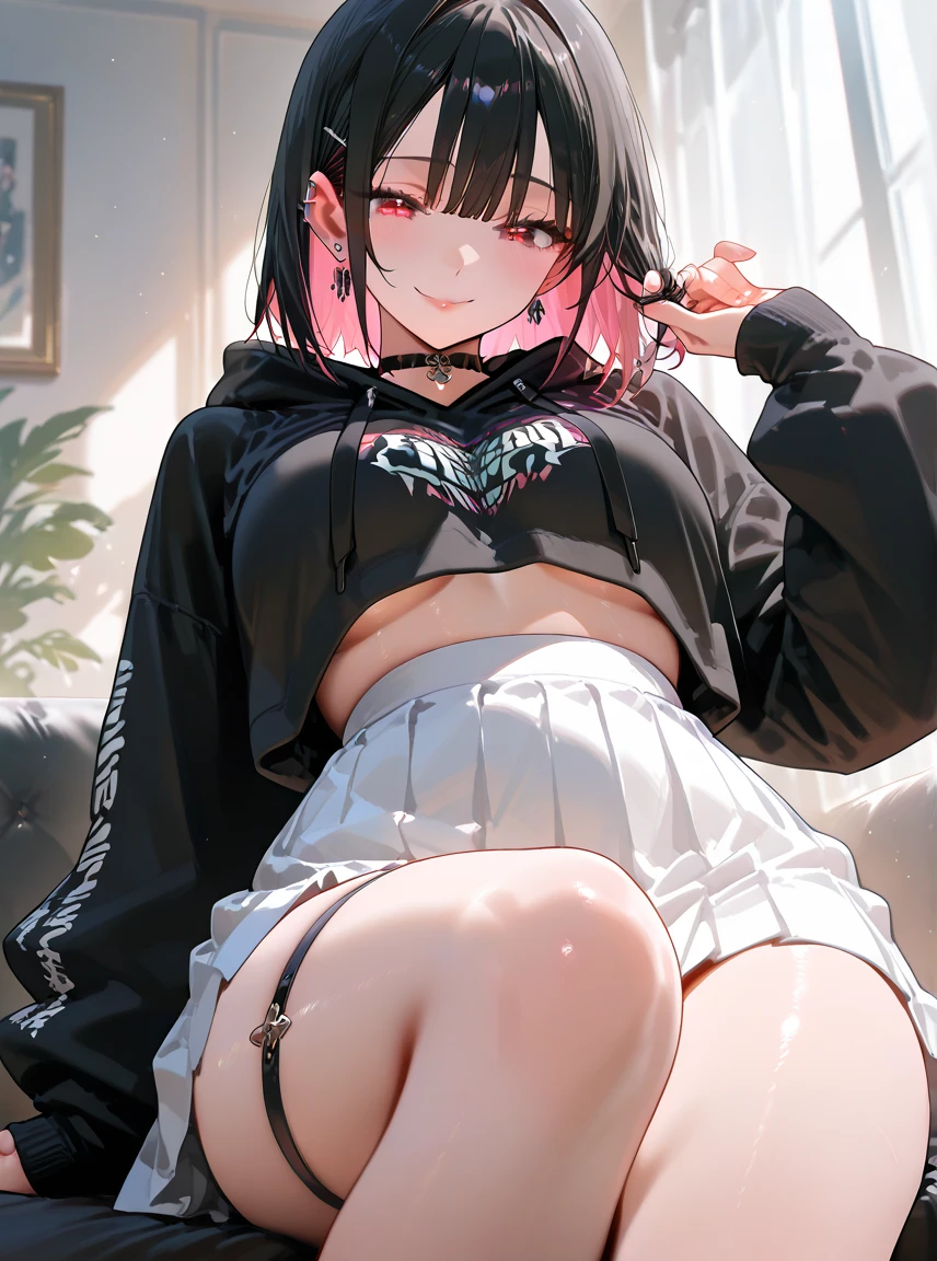 (8K、best image quality、highest quality、masterpiece)、detailed face、1((change:1.0))、black haired、short hair、twin tails、gray eyes、evil smile、((grin))、small chest、pink sports bra、pink panties、turn your arms behind your back、cowboy shot、shot from above、Pink bedroom background