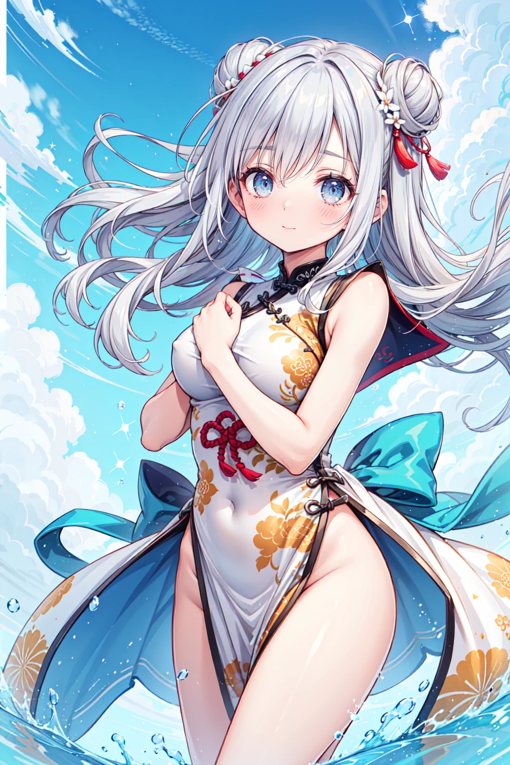 1个Giant Breast Girl,awesome swimming,blue_比基尼, Large breasts, (The white_Single_thigh high), Outdoor activities, the street, buliding, wariza, heart - shaped pupils, Be red in the face, with her mouth open,