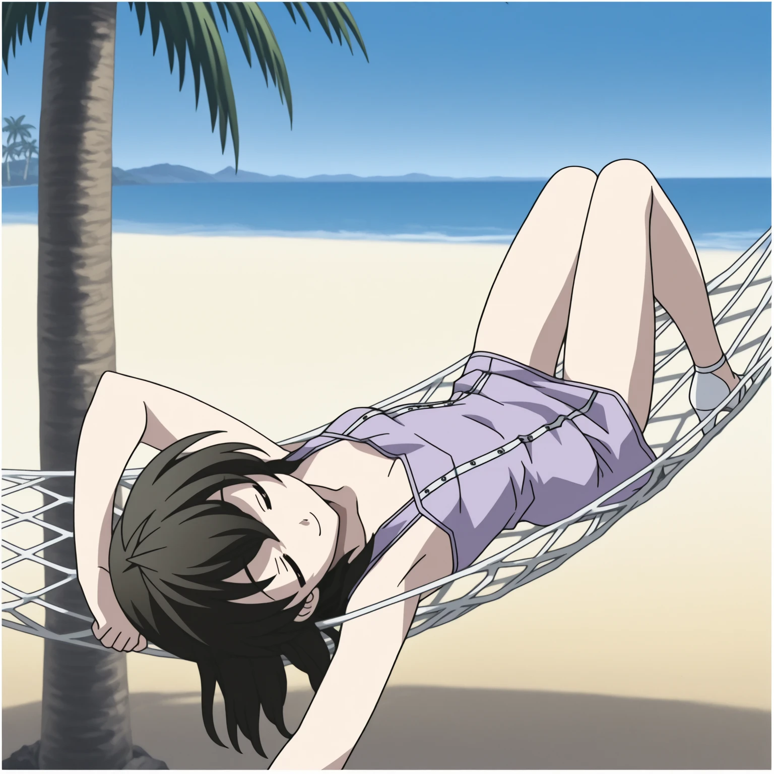 1 pretty anime girl in bikini on the summer beach sunbathing